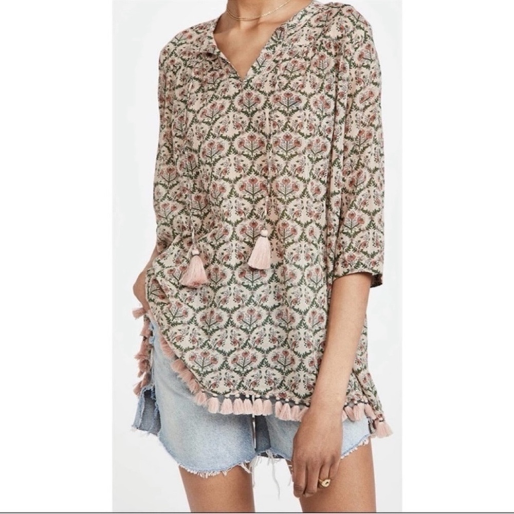 Roller Rabbit Floral Boho Cotton Blouse Tunic Beach Cover up w/tassels, size S